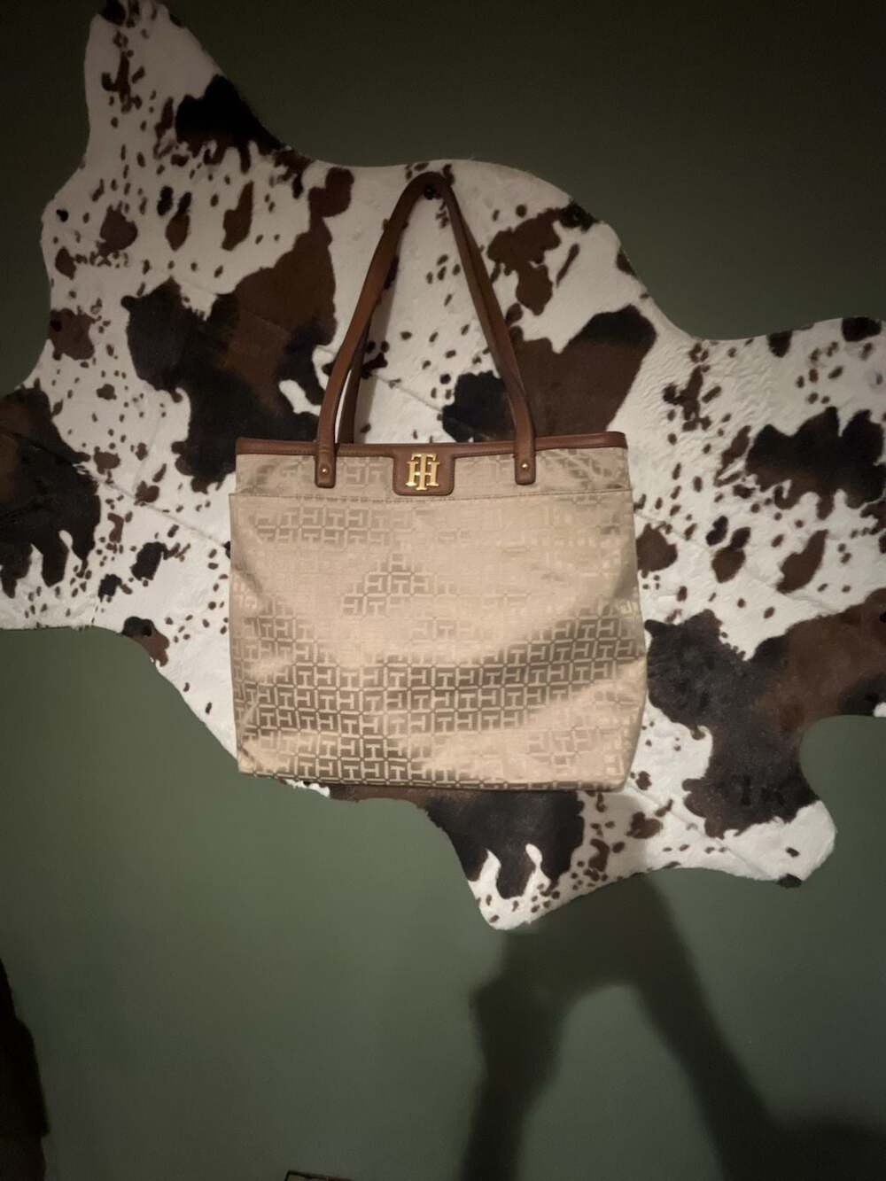 Tommy Hilfiger Monogram Logo Print Tote Bag with Tan Trim